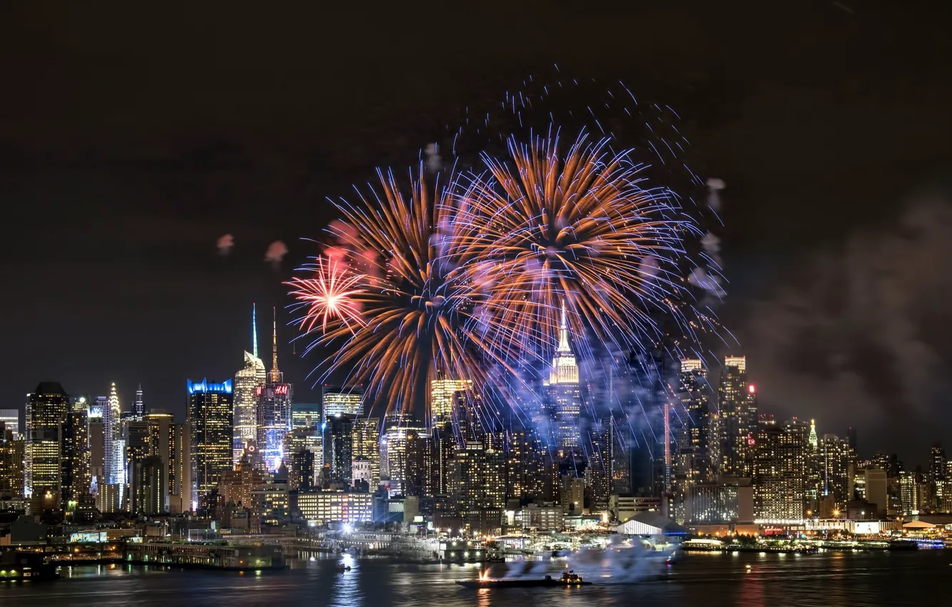 Photo wallpaper water, night, the city, salute