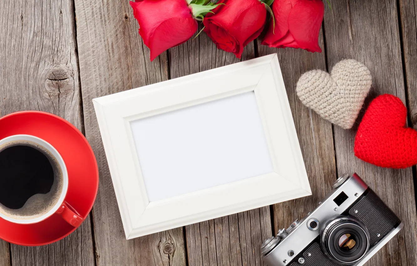 Photo wallpaper love, flowers, coffee, roses, bouquet, frame, Cup, hearts