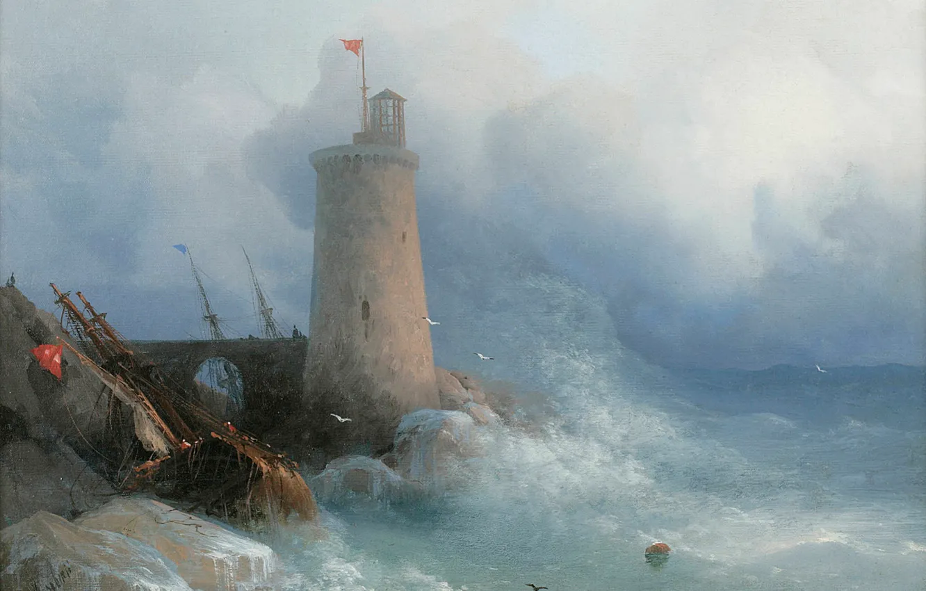 Photo wallpaper storm, tower, picture, seascape, 1866, Ivan Aivazovsky, On The Rocky Shore