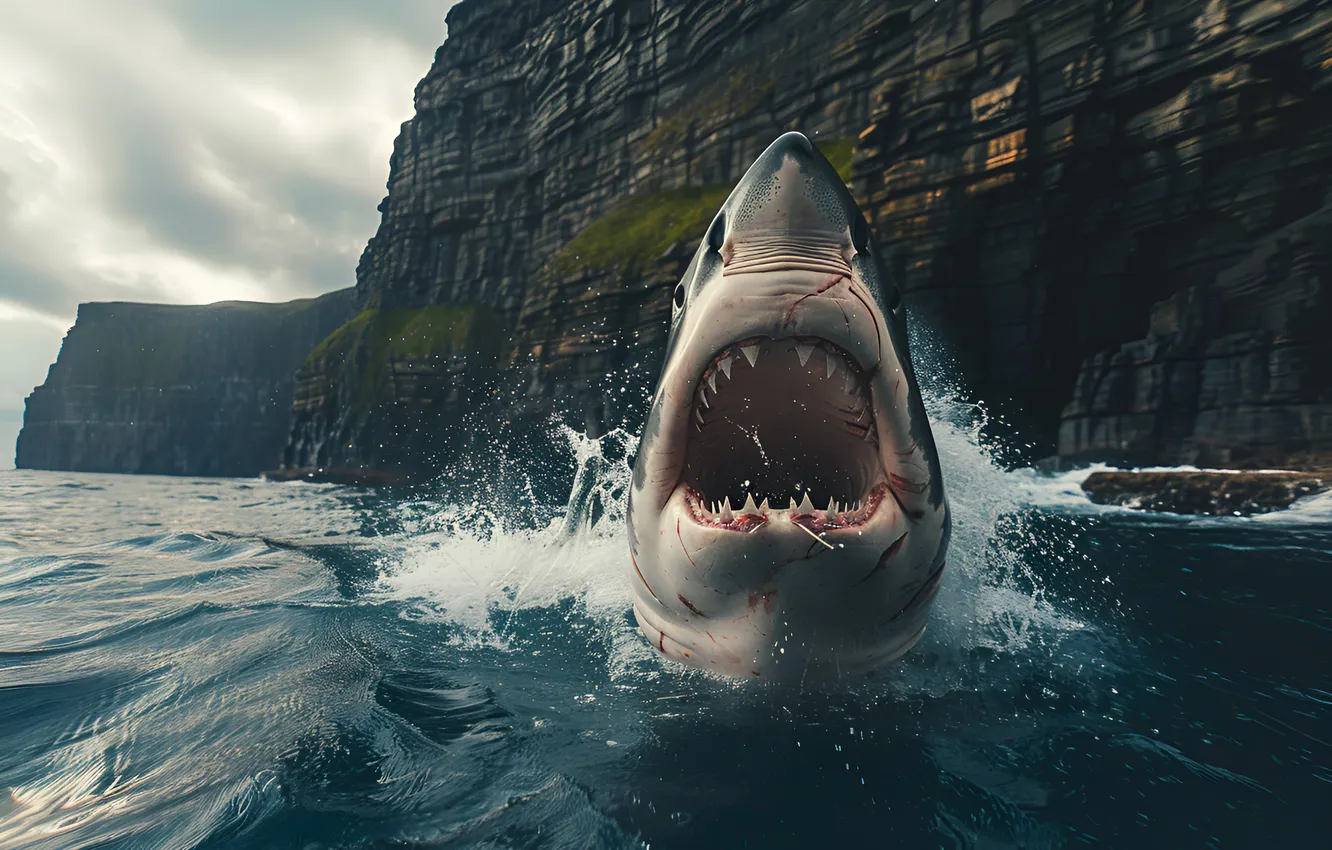 Photo wallpaper Sea, Rocks, Shark, Teeth, Mouth, Predator, Digital art, AI art