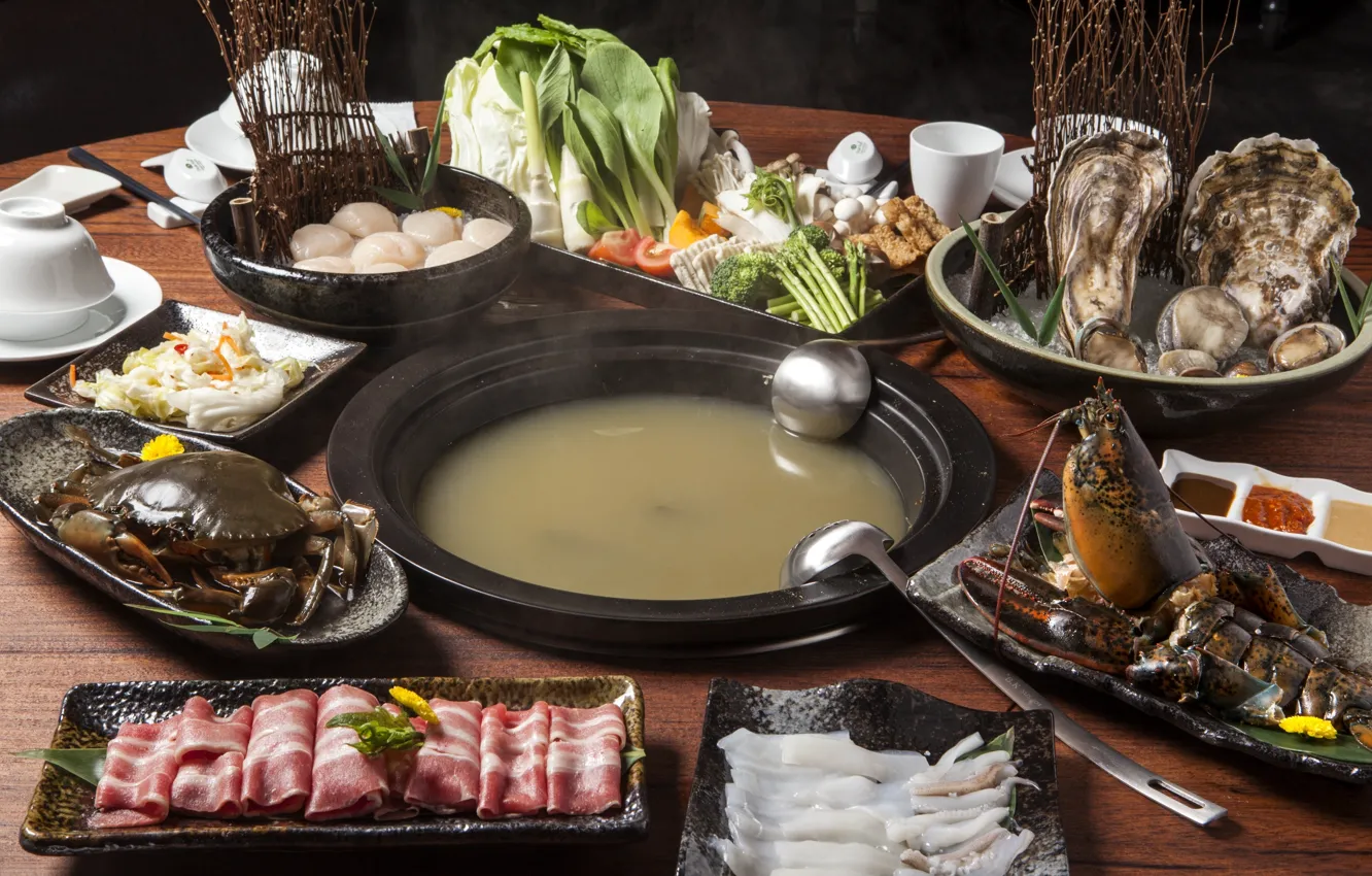 Photo wallpaper crab, soup, Omar, seafood, squid, cuts, shellfish