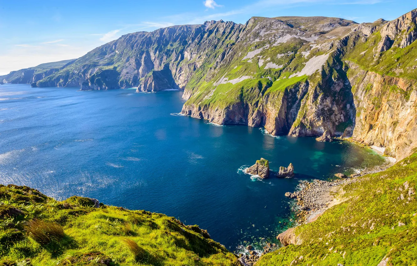 Photo wallpaper sea, the sky, grass, mountains, rocks, Bay
