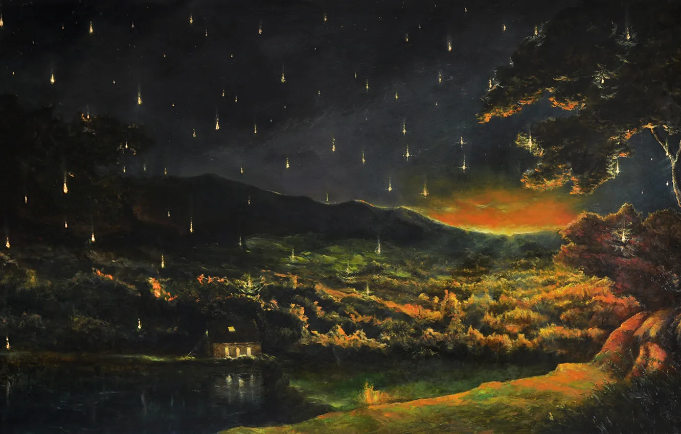 Photo wallpaper forest, the sky, stars, landscape, night, lights, lake, house