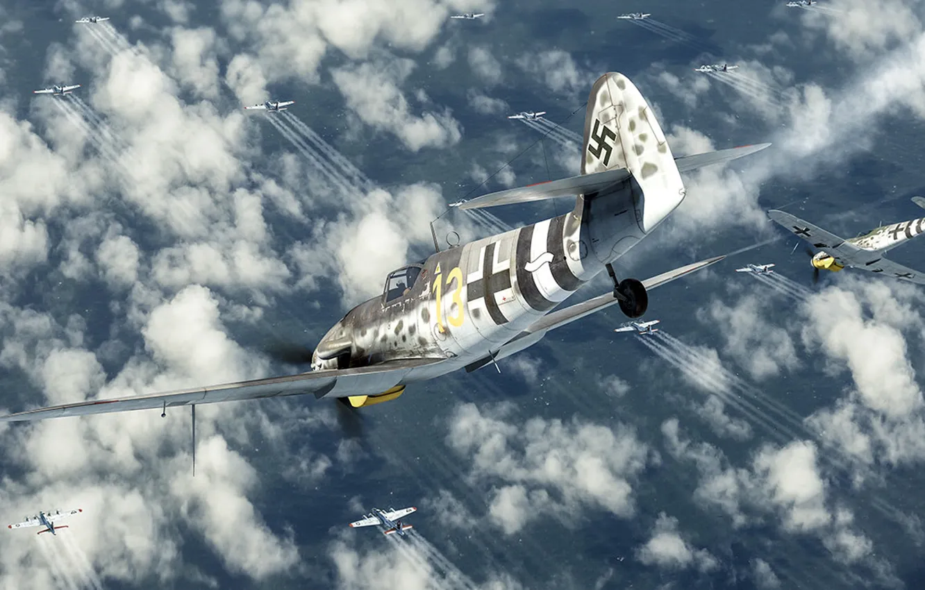 Photo wallpaper Messerschmitt Bf.109, single-engine piston fighter-low, the attack on the bombers, Smash them, Break them up