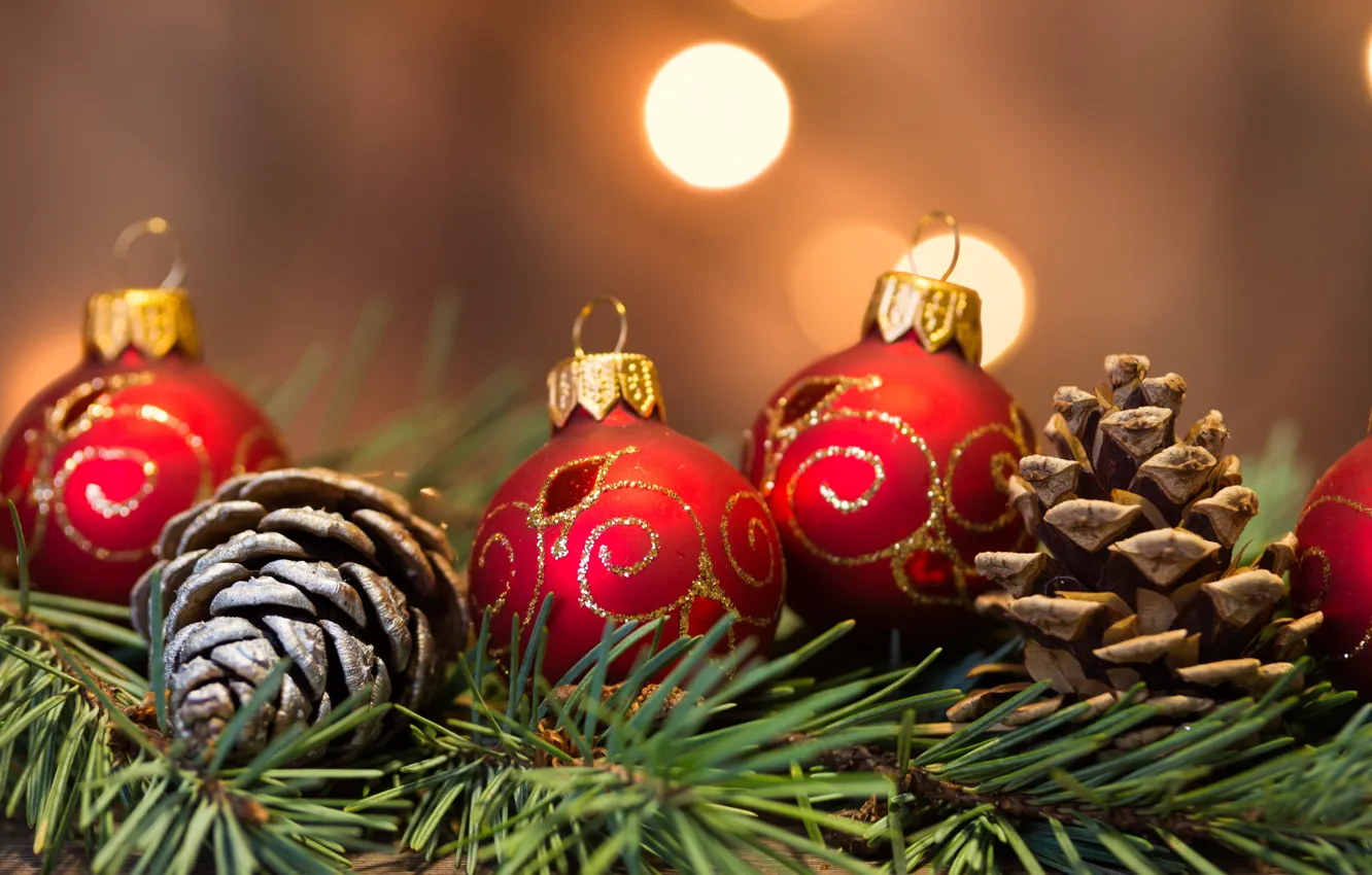 Photo wallpaper decoration, balls, tree, New Year, Christmas, gifts, happy, Christmas