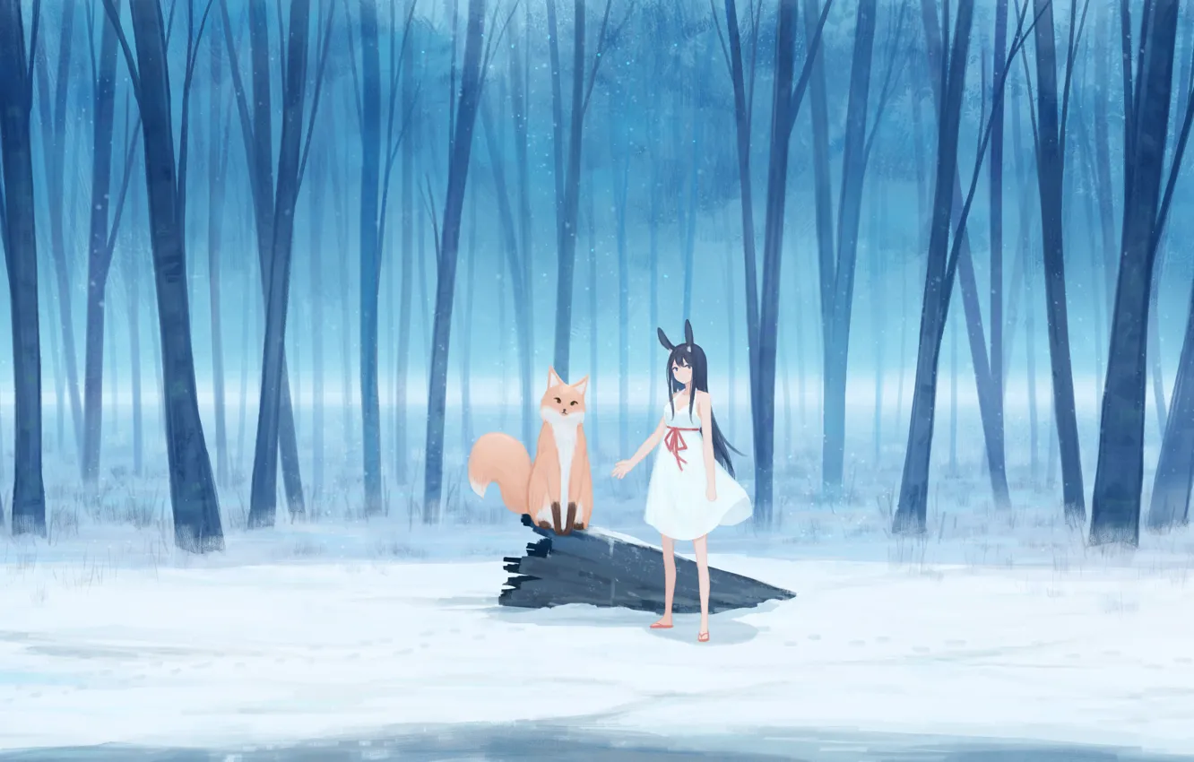 Photo wallpaper winter, forest, girl, snow, rabbit, Fox, ears
