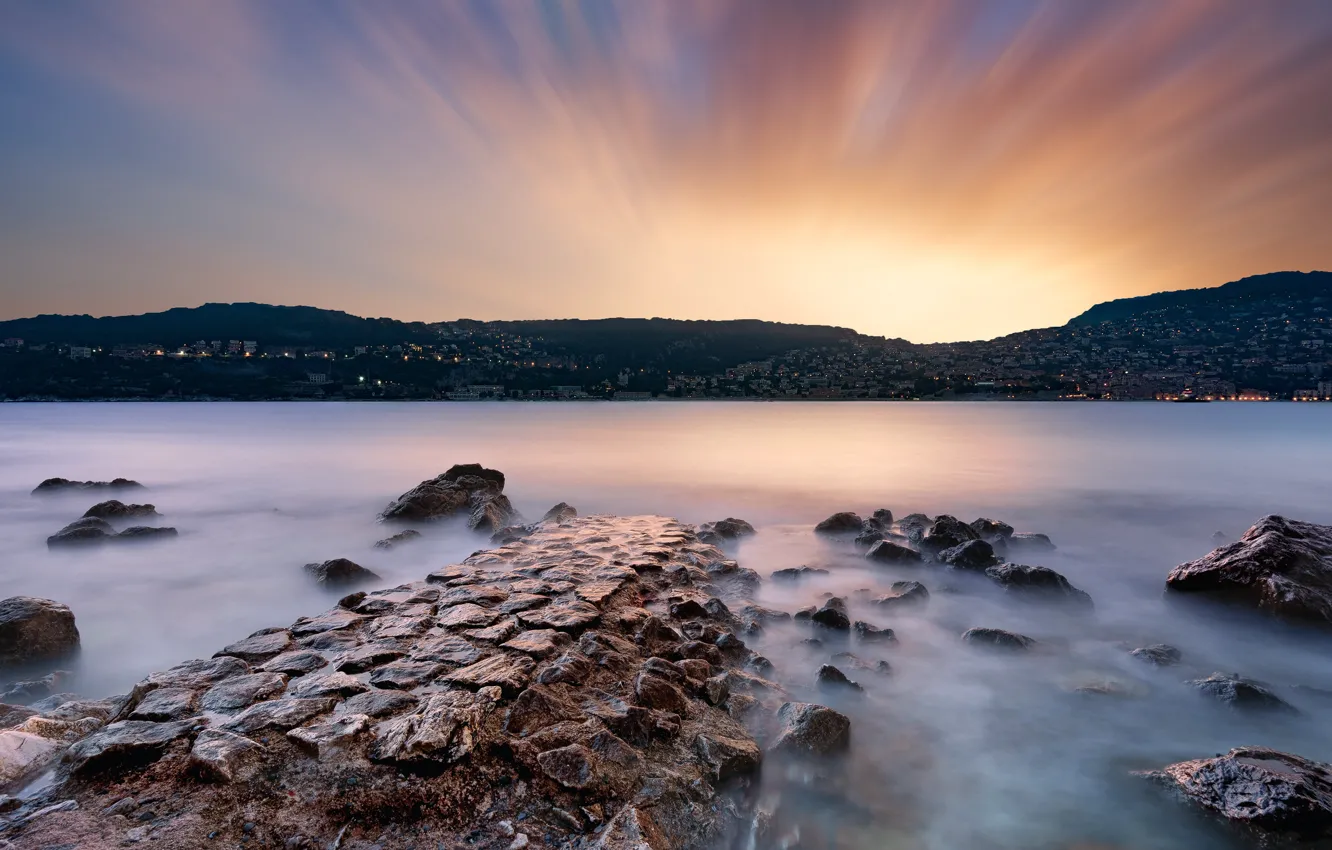 Photo wallpaper the sky, the sun, clouds, rays, light, mountains, the city, lights