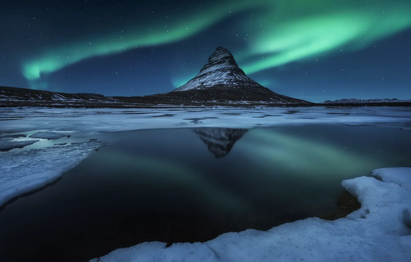 Photo wallpaper winter, water, stars, snow, night, Northern lights, Iceland, mountain Kirkjufell