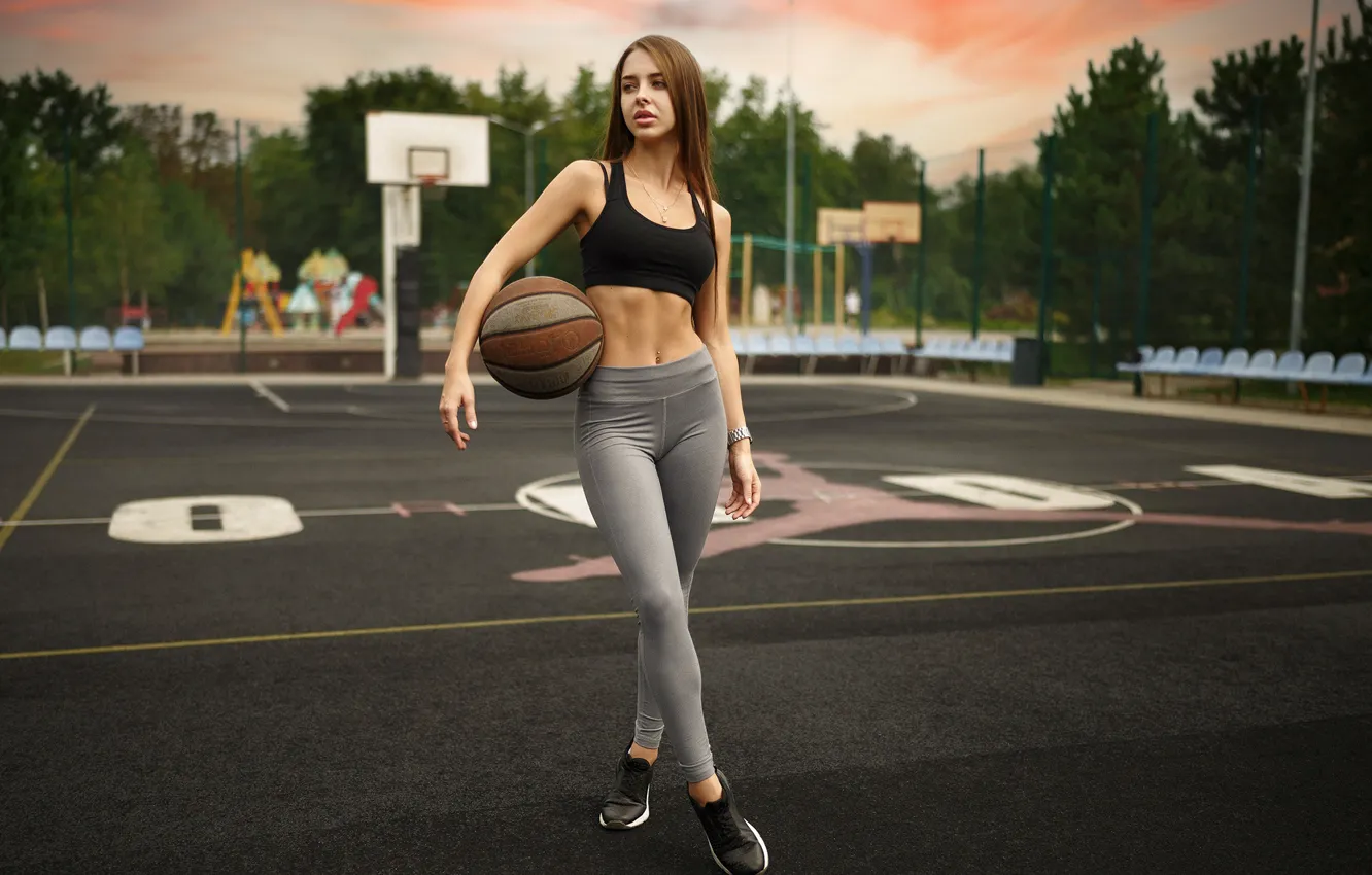 Photo wallpaper girl, pose, the ball, figure, Basketball, Playground, Ivan Kovalev, Alika Pavlova