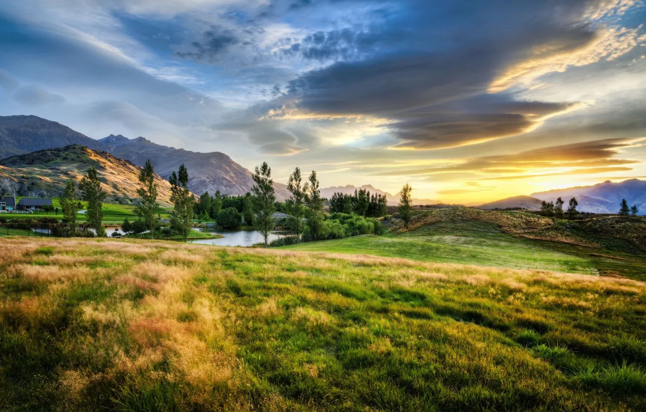 Photo wallpaper Landscape, New Zealand, Sunset, Mountains