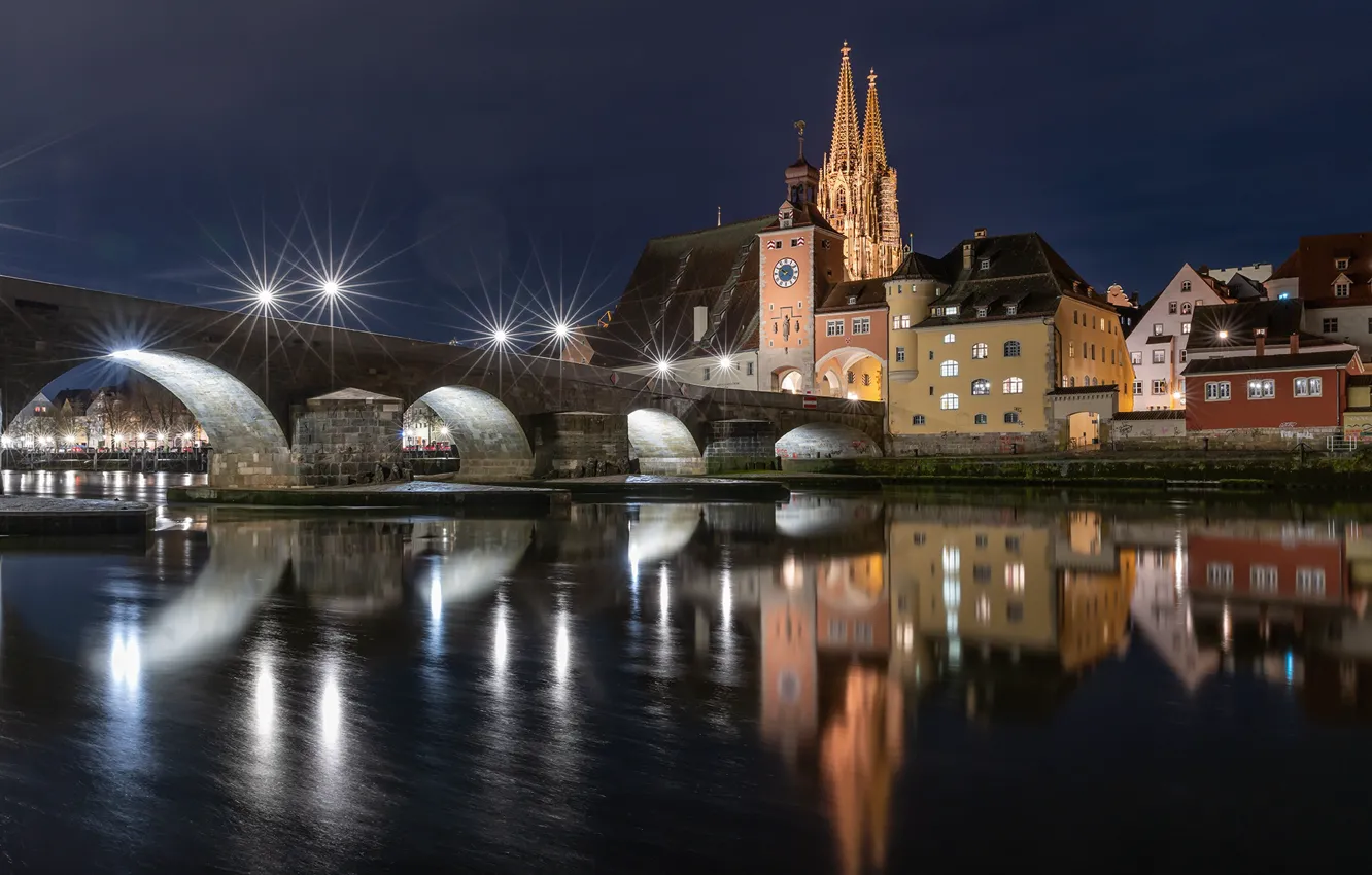 Photo wallpaper bridge, lights, Germany, Bayern, Regensburg