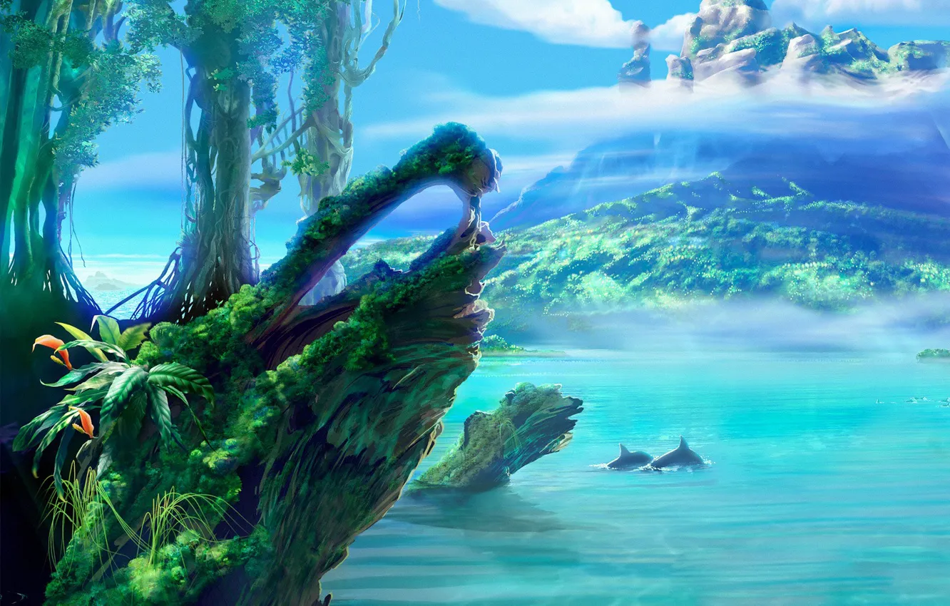 Photo wallpaper water, figure, dolphins