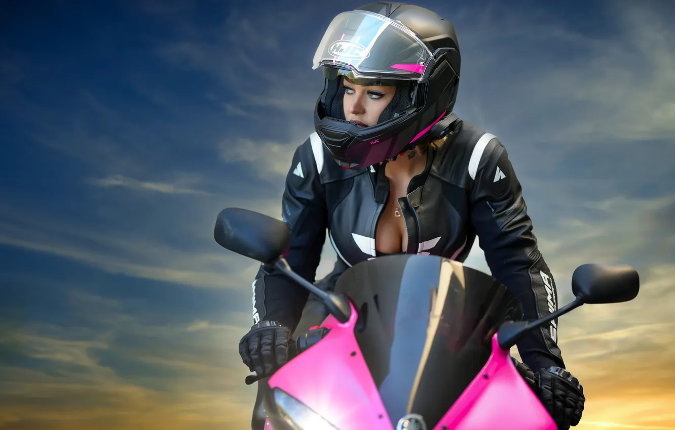 Photo wallpaper the sky, girl, motorcycle, helmet, Andrzej Czar