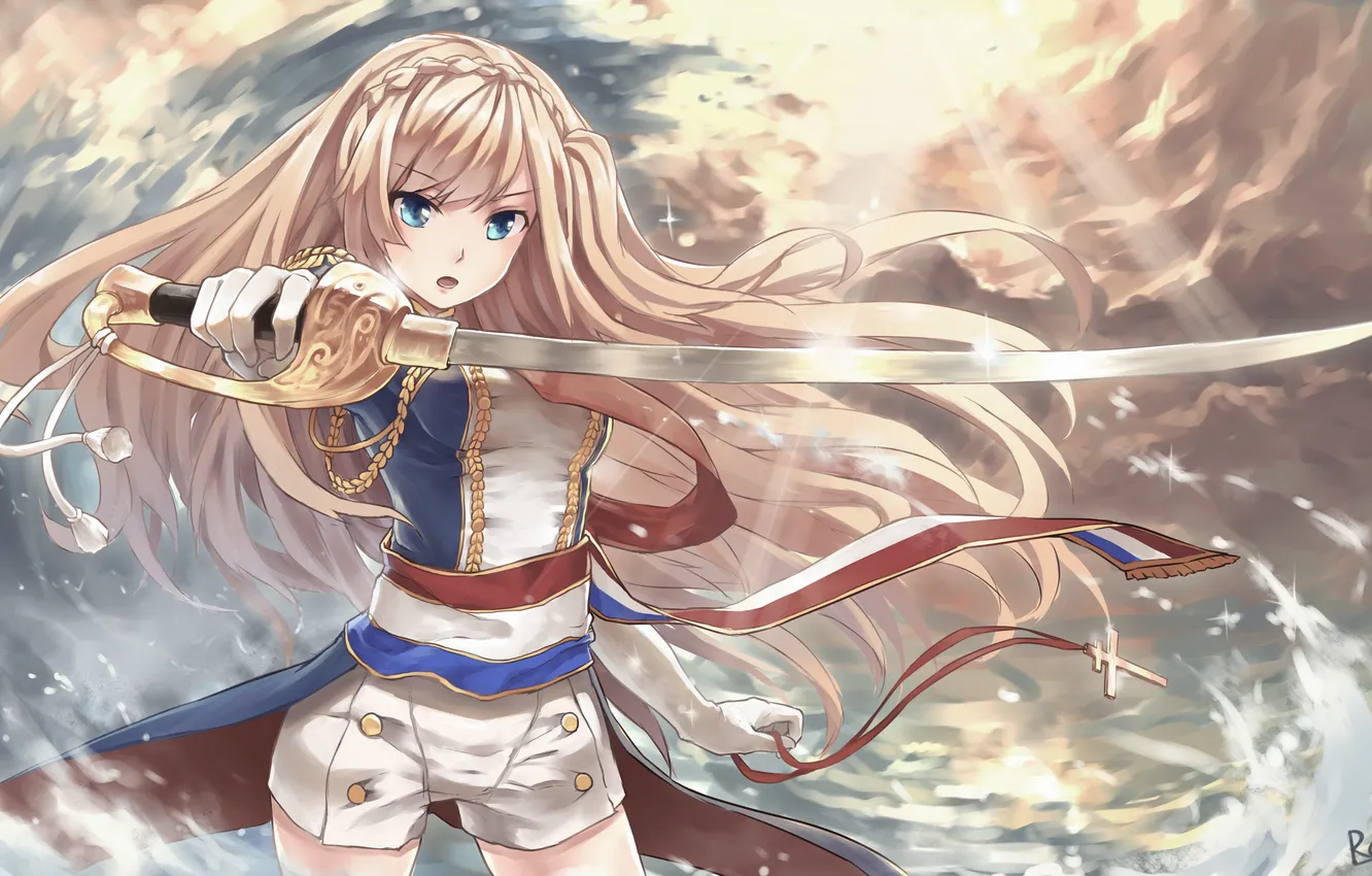 Photo wallpaper the sky, girl, clouds, weapons, sword, anime, art, Richelieu