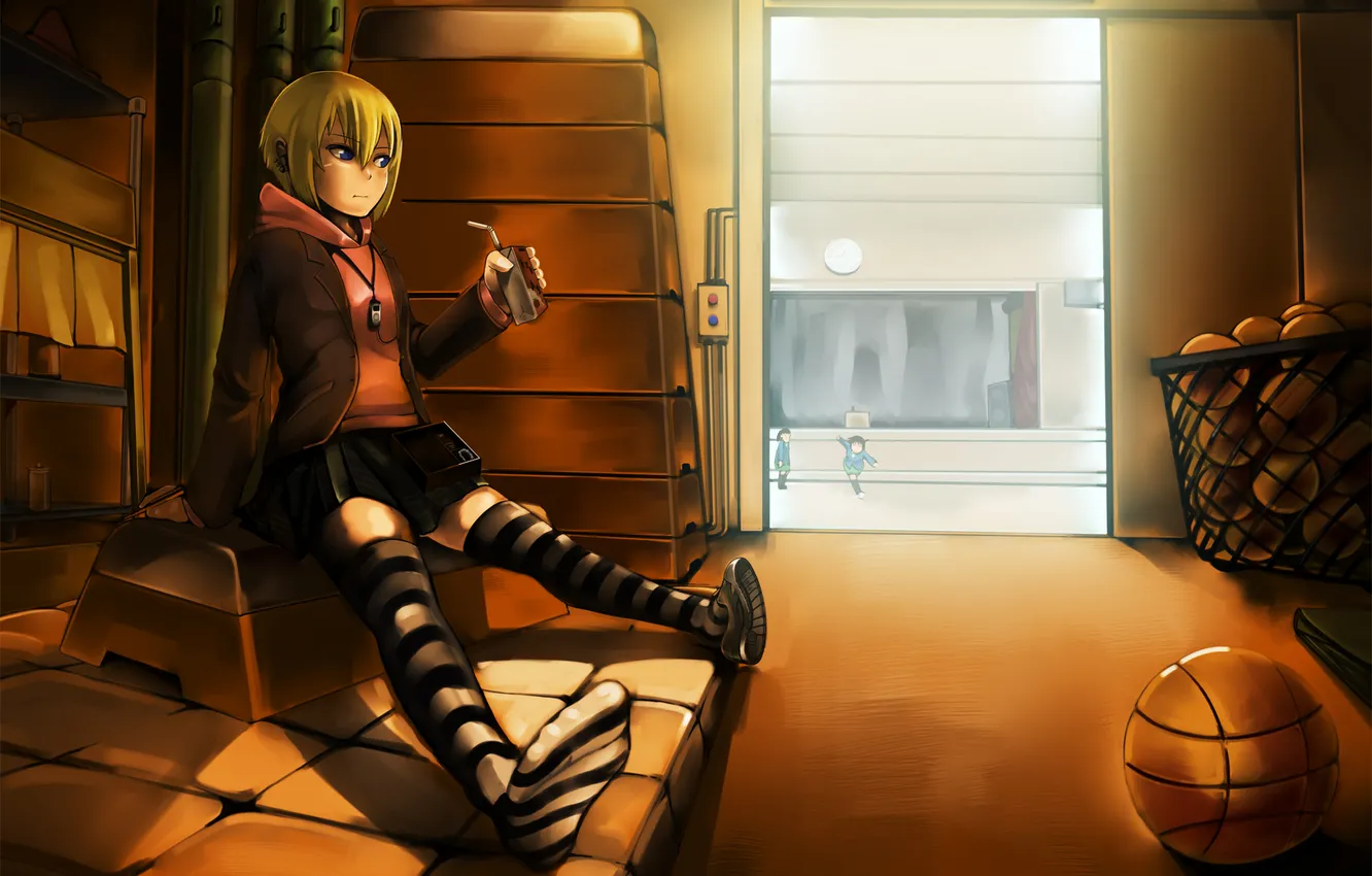 Photo wallpaper light, children, basket, the ball, juice, girl