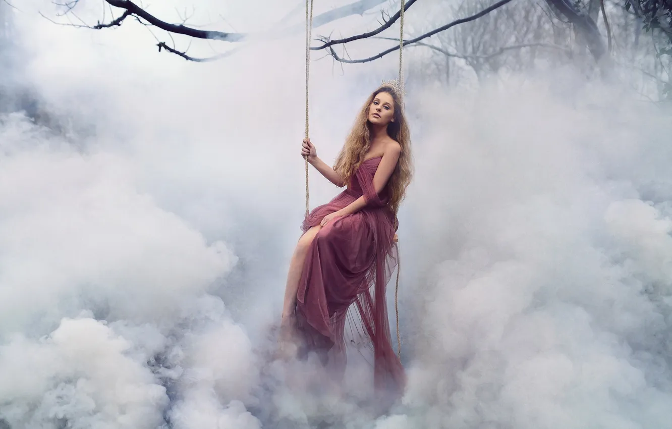 Photo wallpaper girl, fog, swing
