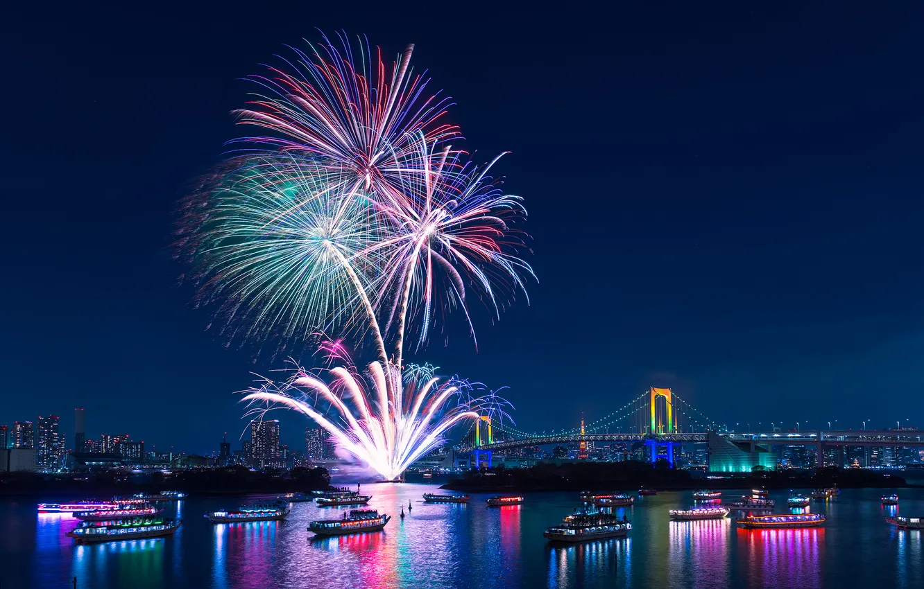 Photo wallpaper night, bridge, river, skyscrapers, salute, the fireworks
