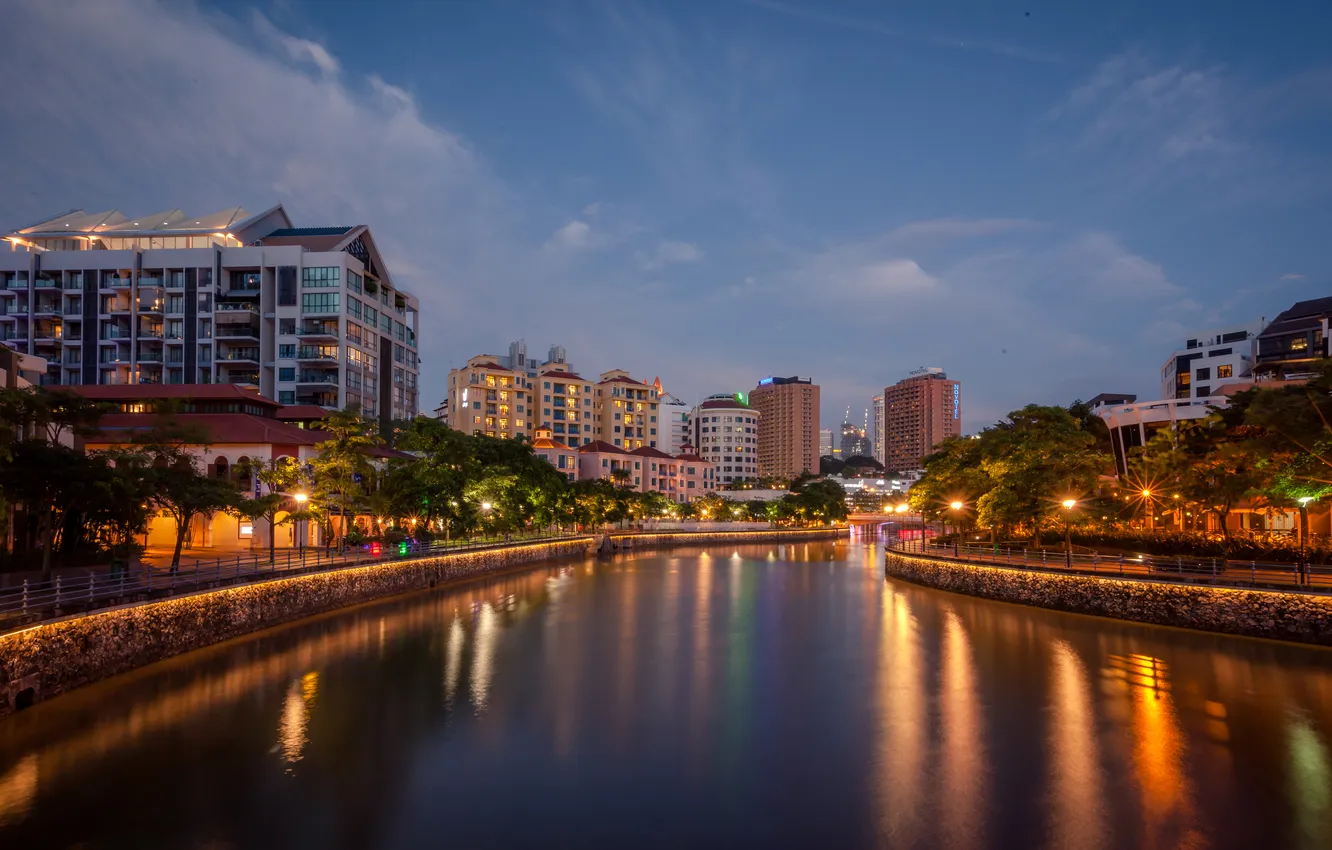 Photo wallpaper trees, night, lights, river, home, lights, channel, Singapore