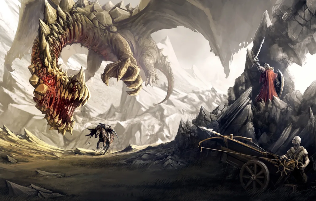Photo wallpaper soldiers, mountains, dragon, horse