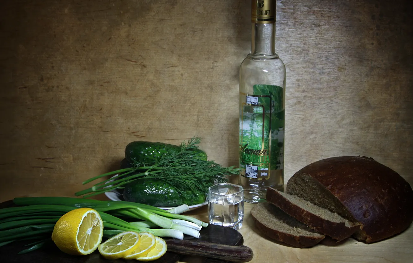 Photo wallpaper lemon, bread, knife, still life, vodka, cucumbers