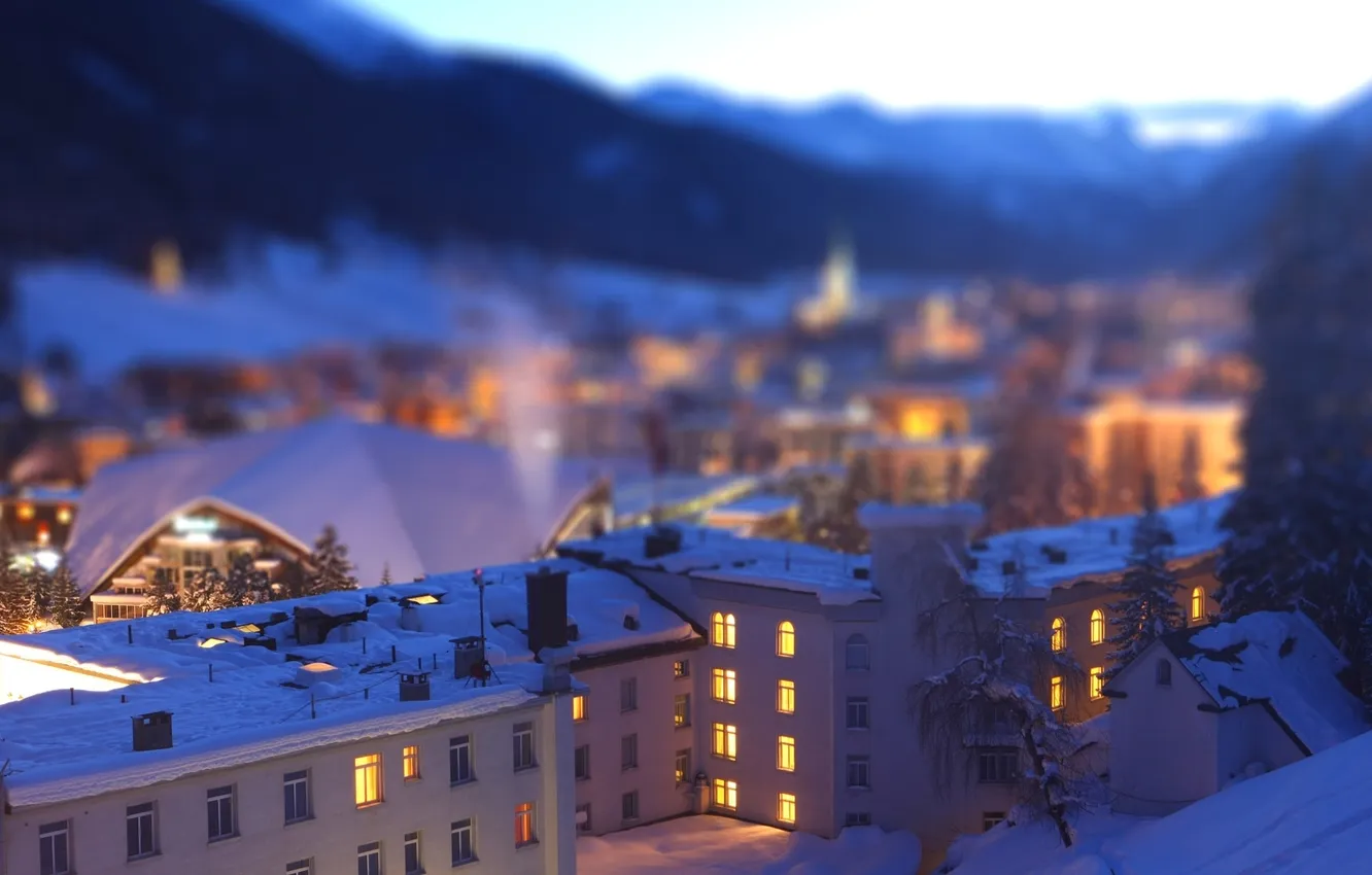 Photo wallpaper winter, roof, the city, view, home, tilt-shift
