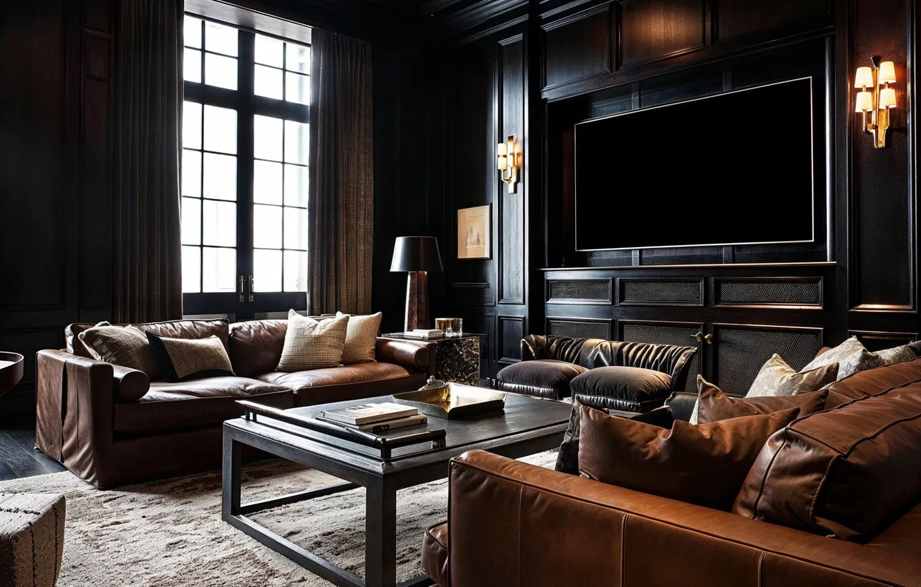 Photo wallpaper design, style, room, interior, living room, black color in the interior, leather upholstered furniture, Masculine …