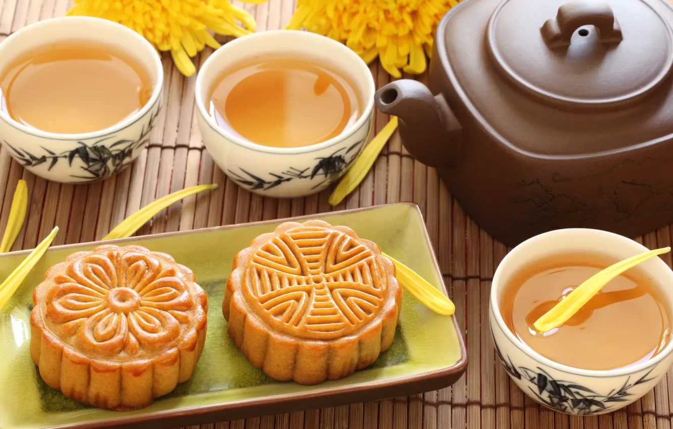 Photo wallpaper flowers, green, tea, kettle, cookies, the tea party, Cup, cake