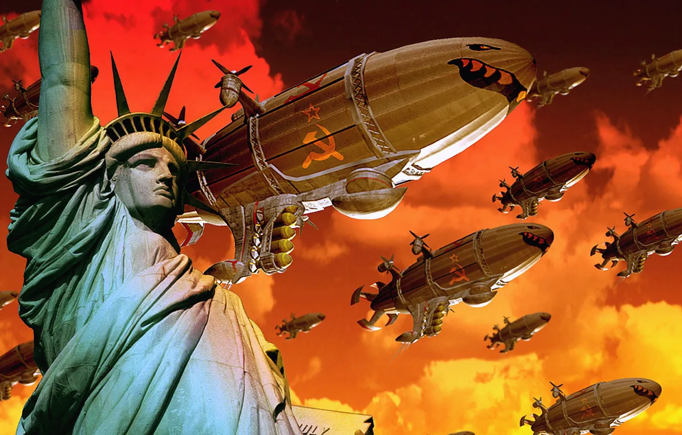 Photo wallpaper USSR, Statue of Liberty, nostalgia, orange sky, Red alert 2, Zeppelin, Command Conquer, Video Game …