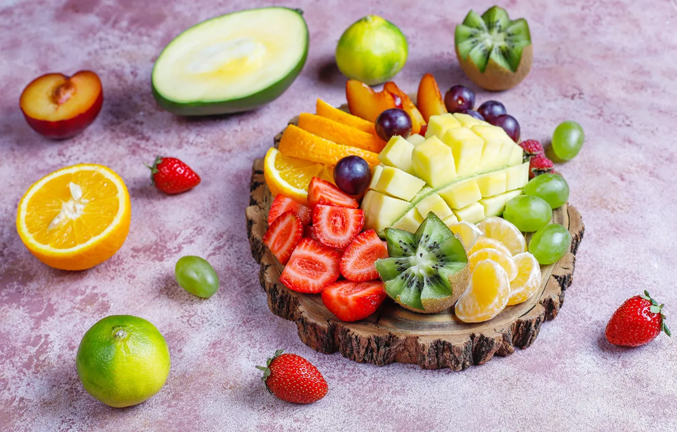 Photo wallpaper berries, Board, orange, kiwi, strawberry, lime, drain, spil