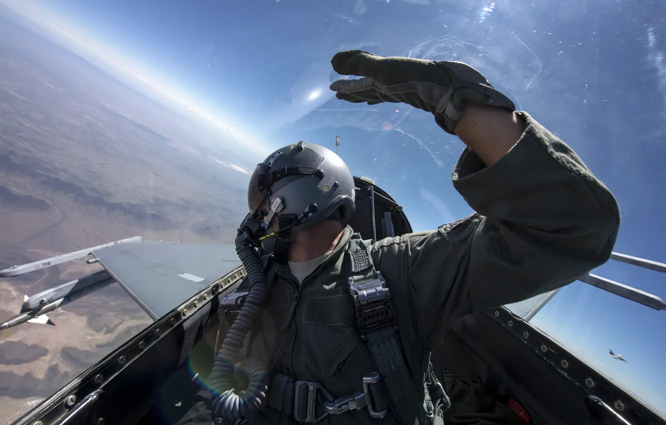 Photo wallpaper the sky, flight, mountains, wings, fighter, helmet, cabin, pilot