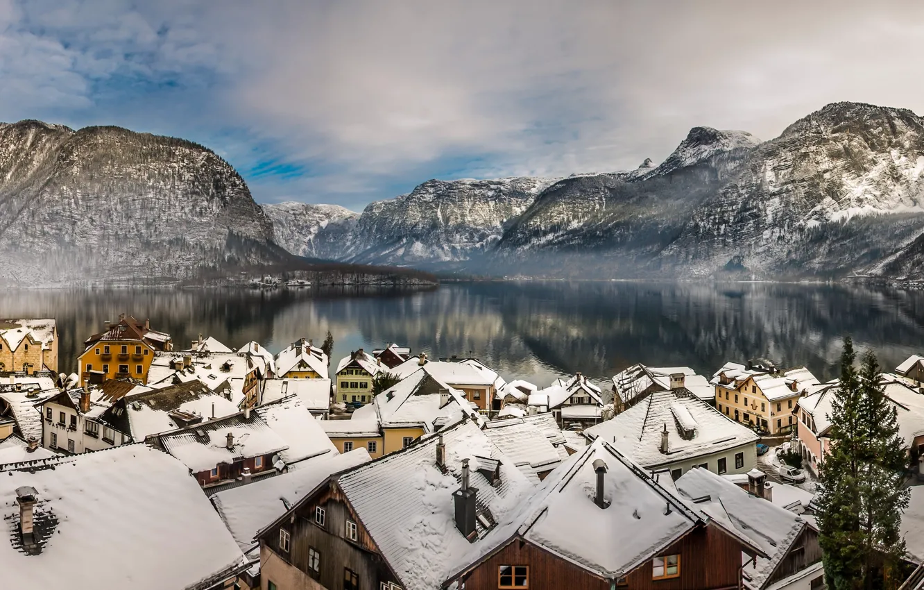 Photo wallpaper winter, mountains, lake, home, Austria, roof, Alps, panorama