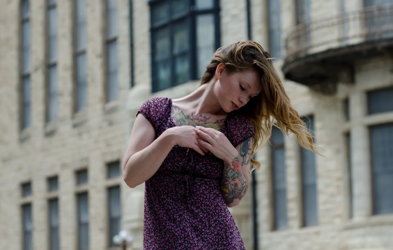 Photo wallpaper girl, windows, dress, woman, beautiful, model, building, tattoos