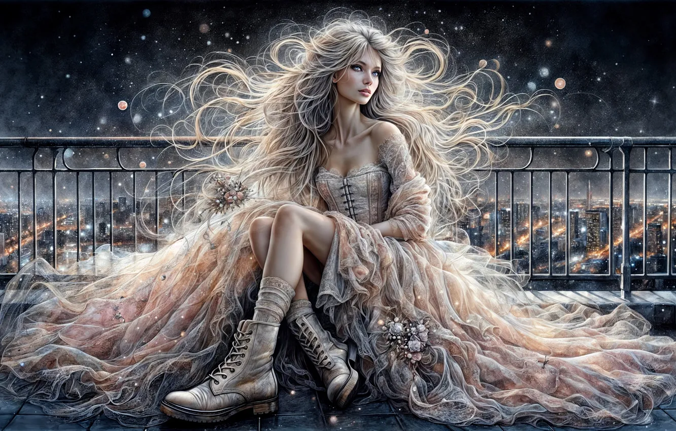 Photo wallpaper girl, night, the city, height, dal, shoes, dress, the fence