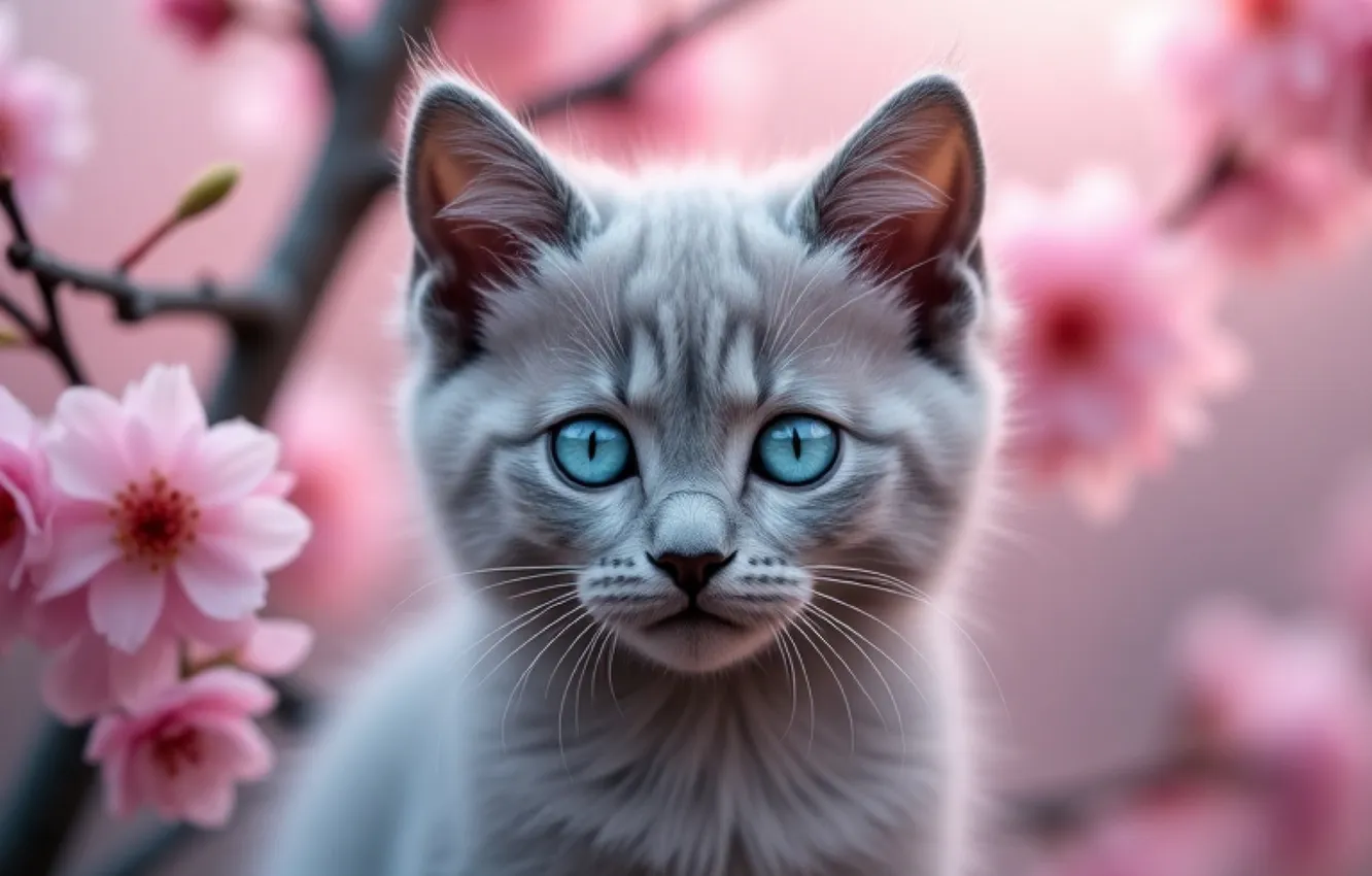 Photo wallpaper cat, cat, look, flowers, pose, grey, portrait, spring