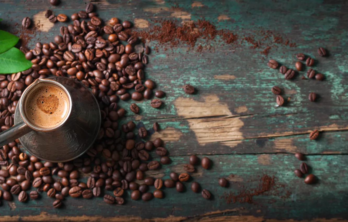 Photo wallpaper leaves, Board, coffee, placer, coffee beans, foam, Turk