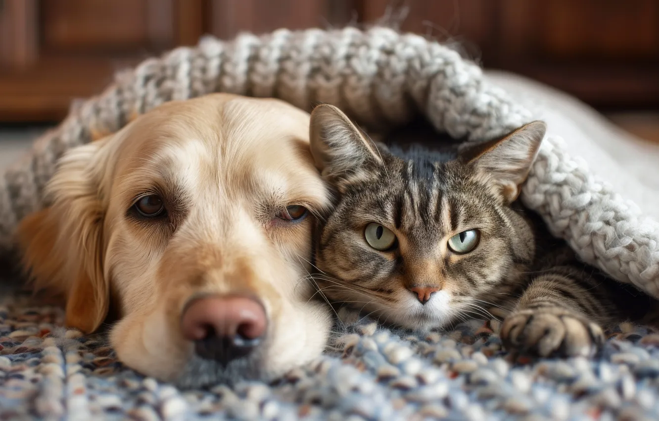 Photo wallpaper cat, cat, look, comfort, each, together, dog, lies