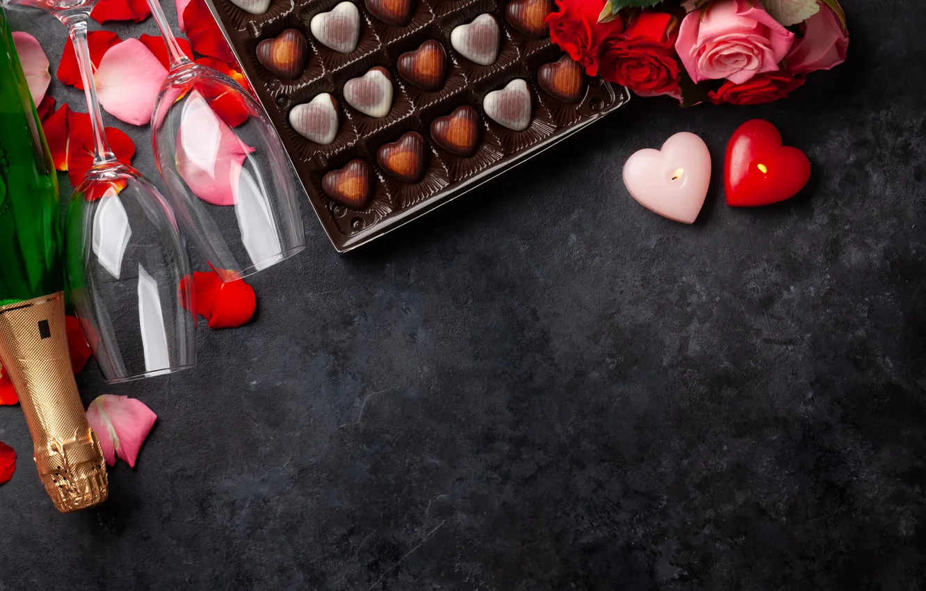Photo wallpaper love, flowers, gift, romance, glass, chocolate, roses, petals