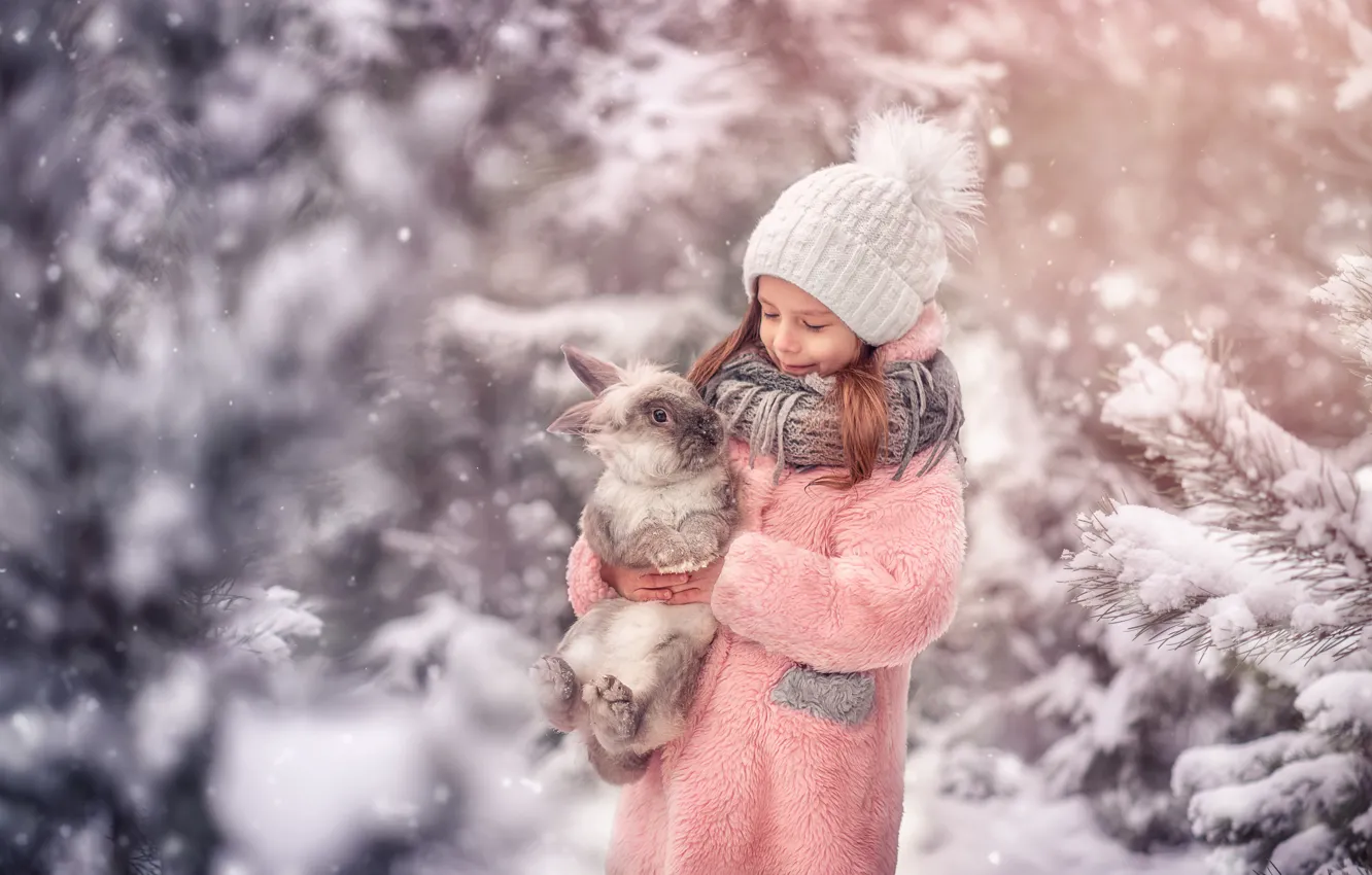 Photo wallpaper winter, snow, hat, rabbit, girl, friends, coat, Martha the Goat