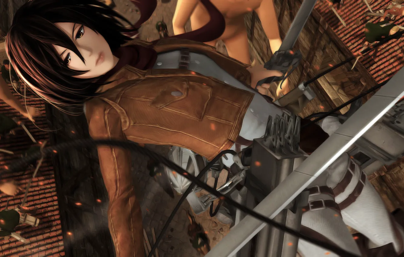 Photo wallpaper girl, the city, scarf, scout, Attack on Titan, Shingeki no Kyojin, Mikasa Ackerman