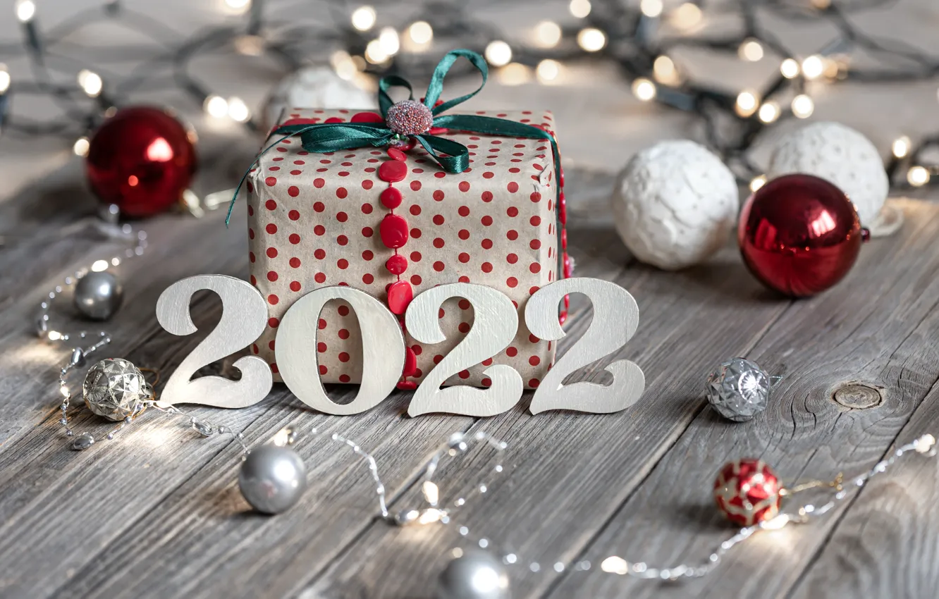 Photo wallpaper balls, gift, balls, Board, Christmas, figures, New year, 2022