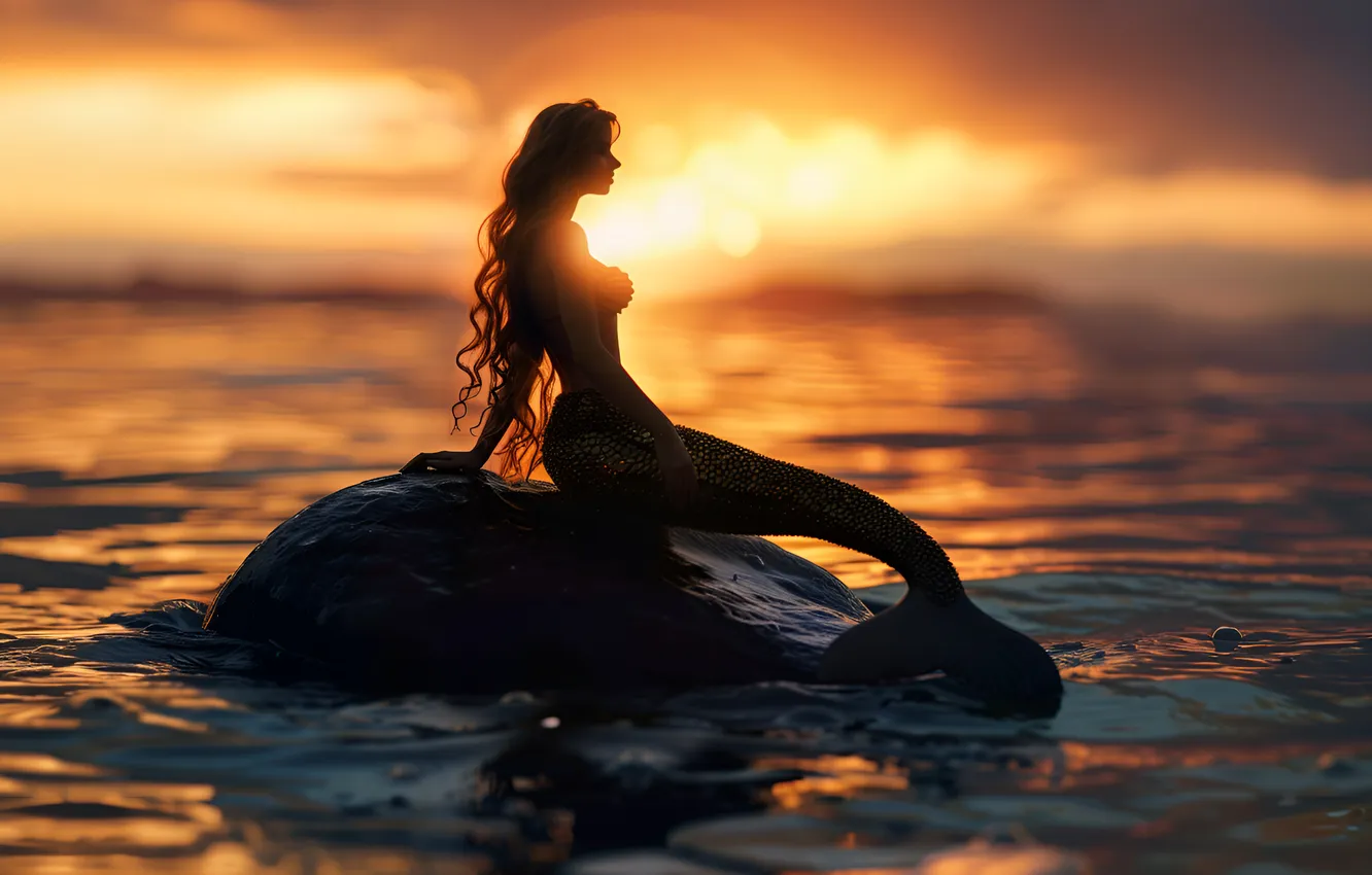 Photo wallpaper sea, girl, stones, dawn, mermaid, digital art, AI art, The Art of Artificial Intelligence