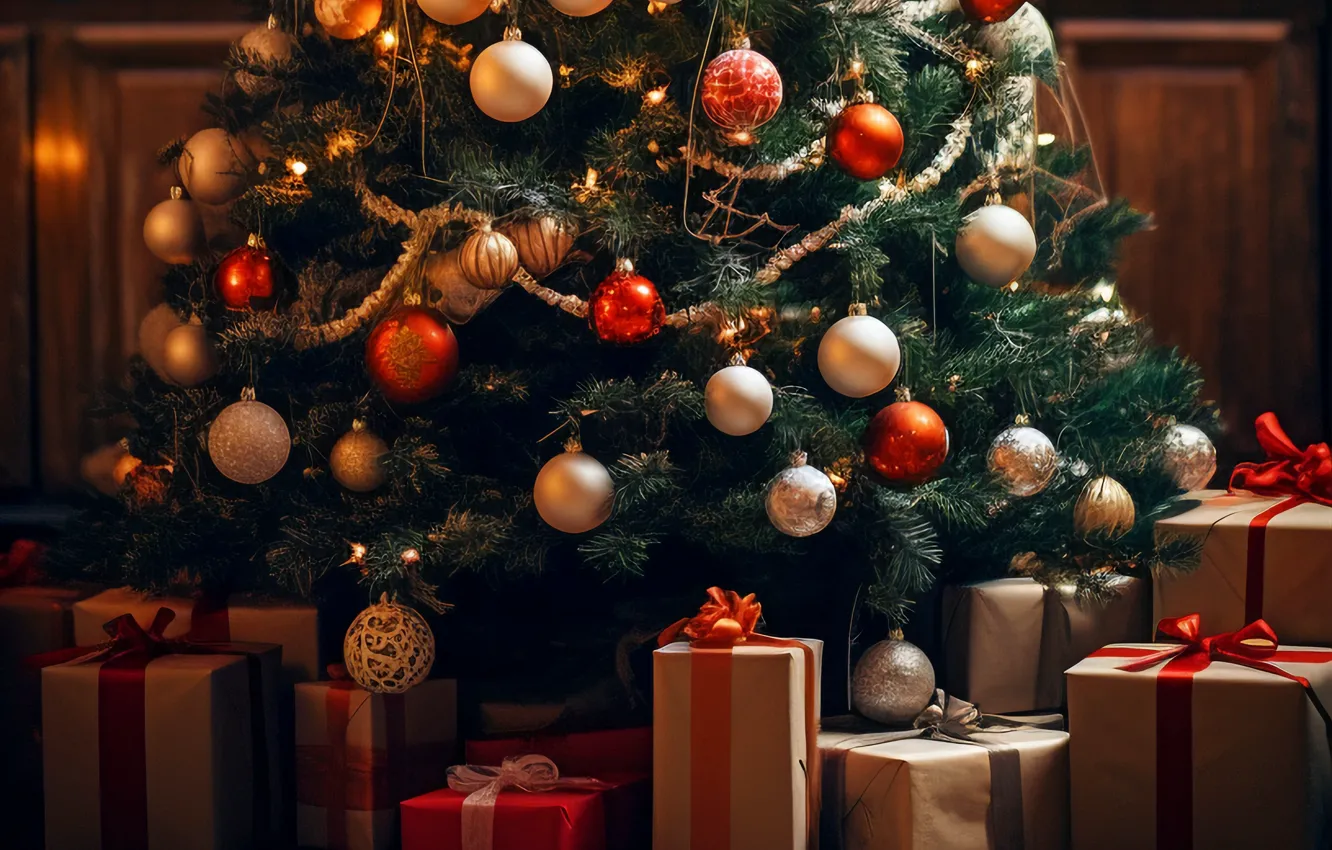 Photo wallpaper decoration, gift, balls, tree, new year, Christmas, Christmas, New Year