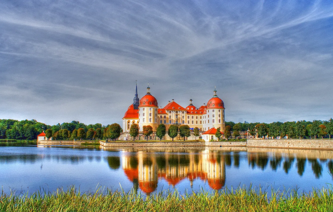 Photo wallpaper lake, castle, shore, cottage