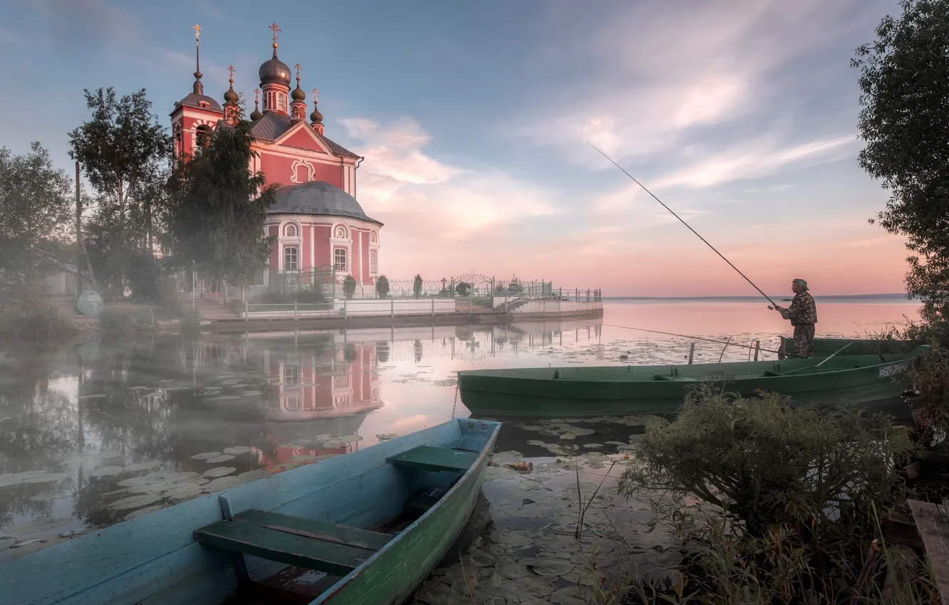 Photo wallpaper landscape, nature, river, fisherman, boats, morning, temple, Andrei