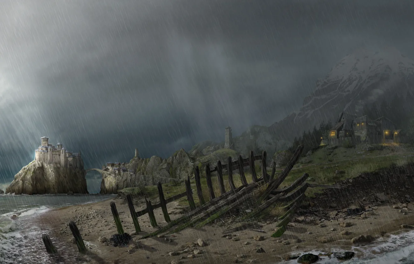 Photo wallpaper castle, rain, Gothic, shore, Arcania: A Gothic Tale