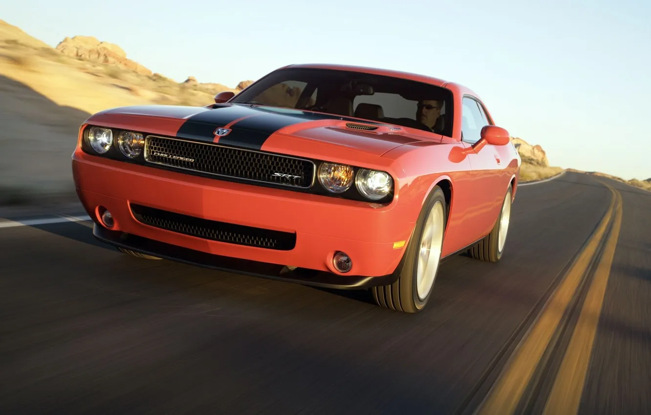 Photo wallpaper road, mountains, speed, Dodge, Challenger, model 2008
