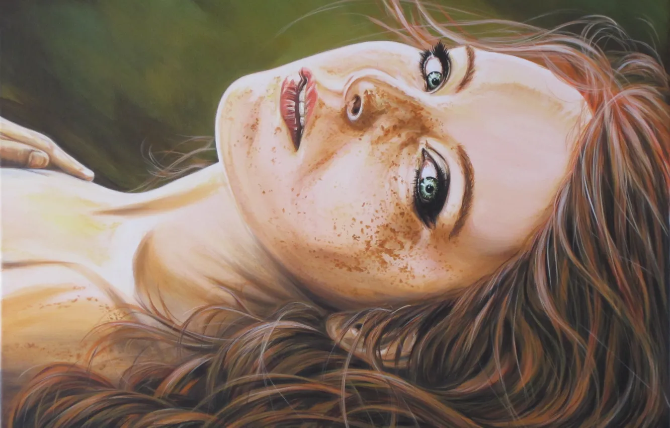 Photo wallpaper look, girl, art, freckles, red, painting, neck. hand