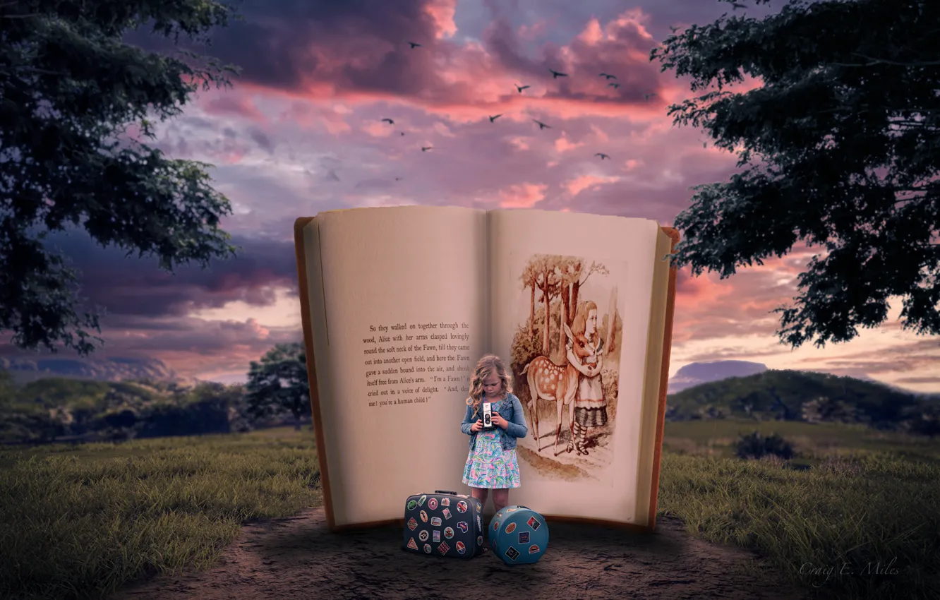 Photo wallpaper children, girl, book, suitcase, Photomontage
