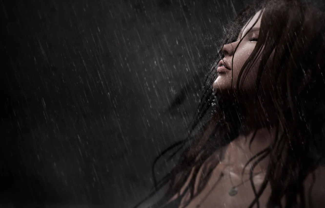 Photo wallpaper girl, face, rain, hair