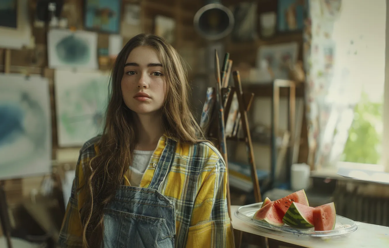 Photo wallpaper girl, room, wall, figure, portrait, picture, watermelon, window